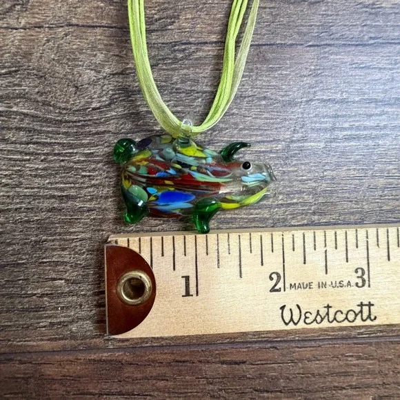 Art Glass Pig Pendant Necklace Lime Green Ribbon Cord Confetti Animal Jewelry - Picture 6 of 10